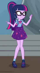 Size: 514x945 | Tagged: safe, screencap, sci-twi, twilight sparkle, equestria girls, g4, my little pony equestria girls: better together, star crossed, backpack, clothes, female, geode of telekinesis, glasses, legs, magical geodes, ponytail, shoes, skirt, smiling, socks