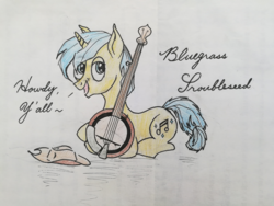 Size: 3968x2976 | Tagged: safe, oc, oc only, oc:bluegrass troubleseed, pony, unicorn, banjo, high res, musical instrument, musician