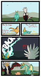 Size: 1592x2935 | Tagged: safe, artist:omegapex, oc, oc only, oc:attono, oc:mahlra, bird, dragon, griffon, barely pony related, beak, comic, cooked, cooked alive, cooking, dead, death, dialogue, dragon wings, electricity, food, horns, leonine tail, lightning, overkill, scared, sharp teeth, surprised, teeth, wings