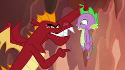 Size: 1280x720 | Tagged: safe, screencap, garble, spike, dragon, g4, gauntlet of fire, season 6, angry, animation error, dragon lands, duo, duo male, garble is not amused, holding a dragon, holding a spike, male, teenaged dragon, teenager, unamused, wingless spike