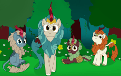 Size: 2000x1262 | Tagged: safe, artist:wafflecakes, autumn blaze, cinder glow, rain shine, sparkling brook, summer flare, kirin, season 8, sounds of silence, spoiler:s08, :p, animated, awwtumn blaze, blinking, bush, c:, chest fluff, cinderbetes, cloven hooves, cute, daaaaaaaaaaaw, diabrookes, ear fluff, eye shimmer, featured image, female, flower, fluffy, forest, gif, happy, hnnng, kirin mating ritual, kirinbetes, leg fluff, leonine tail, licking, looking at you, mlem, plate, prone, raspberry, scales, shineabetes, silly, sitting, smiling, sweet dreams fuel, tongue out, tree, wafflecakes is trying to murder us, wall of tags, weapons-grade cute, wrong neighborhood