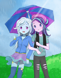 Size: 1400x1800 | Tagged: safe, artist:maomao9, starlight glimmer, trixie, equestria girls, g4, beanie, beanie hat, clothes, cloud, female, grass, hat, lesbian, ripped pants, ship:startrix, shipping, torn clothes, umbrella
