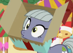 Size: 359x262 | Tagged: safe, screencap, limestone pie, earth pony, pony, best gift ever, g4, :o, box, cropped, female, hat, mare, open mouth, party hat, pony in a box, present, solo