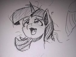 Size: 515x387 | Tagged: safe, artist:post-it, twilight sparkle, pony, g4, bust, female, ink drawing, mare, monochrome, open mouth, pre sneeze, simple background, sketch, solo, traditional art, white background