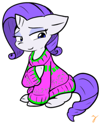 Size: 1141x1393 | Tagged: safe, artist:zutcha, rarity, pony, unicorn, g4, clothes, female, lidded eyes, mare, simple background, sitting, smiling, solo, sweater, transparent background