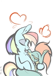 Size: 1254x1771 | Tagged: safe, artist:叶涵, rainbow dash, tianhuo (tfh), longma, pony, them's fightin' herds, g4, boop, community related, crossover, crossover shipping, eyes closed, female, heart, interspecies, kissing, lesbian, mare, noseboop, shipping, simple background, smiling, tiandash