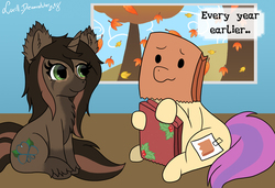 Size: 2276x1558 | Tagged: safe, artist:lucill-dreamcatcher, oc, oc:paper bag, oc:visu, earth pony, pony, unicorn, autumn, dialogue, fake cutie mark, green eyes, leaves, paper bag, sitting, tree