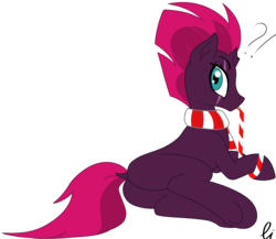 Size: 2276x1976 | Tagged: safe, artist:vinaramic, tempest shadow, pony, unicorn, g4, broken horn, candy, candy cane, exclamation point, eye scar, female, food, horn, licking, looking back, mare, question mark, scar, simple background, solo, tongue out, transparent background