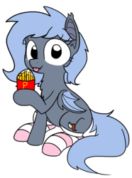 Size: 910x1222 | Tagged: safe, artist:wafflecakes, oc, oc:panne, bat pony, clothes, food, french fries, fri, simple background, socks, striped socks, tongue out, transparent background