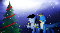 Size: 1920x1080 | Tagged: safe, artist:egstudios93, gallus, oc, oc:eg, pegasus, pony, g4, candle, christmas, christmas tree, holiday, male, stallion, tree