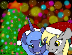 Size: 5139x3996 | Tagged: safe, artist:the-fox-experiment, derpy hooves, princess luna, alicorn, pegasus, pony, g4, christmas, christmas lights, christmas tree, female, hat, holiday, mare, santa hat, simple background, smiling, snow, snowfall, tree