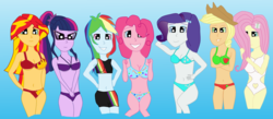 Size: 1599x700 | Tagged: artist needed, safe, applejack, fluttershy, pinkie pie, rainbow dash, rarity, sci-twi, sunset shimmer, twilight sparkle, fanfic:working at the carwash, equestria girls, g4, belly button, bikini, bikini babe, bikini bottom, bikini shorts, bikini top, breasts, busty applejack, busty fluttershy, busty pinkie pie, busty rarity, busty sunset shimmer, busty twilight sparkle, clothes, explicit source, fanfic, fanfic art, fanfic cover, humane five, humane seven, humane six, one-piece swimsuit, quality, swimsuit