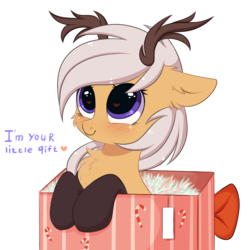 Size: 3000x3000 | Tagged: safe, artist:pesty_skillengton, oc, oc only, oc:antler pone, original species, pony, antlers, blushing, box, chest fluff, clothes, cute, ear fluff, female, heart, heart eyes, high res, pesty's little gift, pony in a box, present, simple background, socks, solo, wingding eyes, ych result