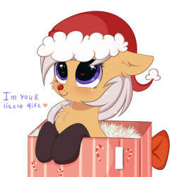 Size: 3000x3000 | Tagged: safe, artist:pesty_skillengton, oc, oc only, oc:antler pone, original species, pony, antlers, blushing, box, chest fluff, christmas, clothes, cute, ear fluff, female, hat, heart, heart eyes, high res, holiday, pesty's little gift, pony in a box, present, santa hat, simple background, socks, solo, wingding eyes, ych result