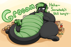Size: 1280x849 | Tagged: safe, artist:graphenescloset, oc, oc:emilia 'emmy' emberseed, dracony, hybrid, belly, big belly, burger, chubby, fast food, fat, food, huge belly, messy eating, morbidly obese, obese, on back, open mouth, overeating, soda, stomach noise, stuffed, stuffed belly, stuffing, that pony sure does love eating