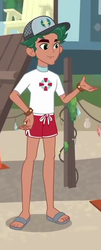 Size: 277x683 | Tagged: safe, screencap, timber spruce, equestria girls, g4, my little pony equestria girls: better together, turf war, clothes, cropped, feet, legs, lifeguard, lifeguard timber, male, male feet, sandals, shorts, smiling