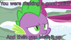 Size: 1280x720 | Tagged: safe, edit, edited screencap, screencap, spike, dragon, g4, my little pony best gift ever, annoyed, caption, clothes, image macro, male, reaction image, scarf, solo, striped scarf, text, winged spike, wings, winter outfit
