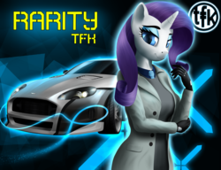 Size: 5200x4000 | Tagged: safe, artist:clear vision, rarity, unicorn, anthro, g4, abstract background, absurd resolution, aston martin, aston martin db9, car, clothes, coat, crossover, description is relevant, eyeshadow, female, gloves, leather gloves, looking at you, makeup, mare, necktie, need for speed, need for speed carbon, obscure reference, parody, racecar, raised eyebrow, smiling, smirk, solo, tfk, the fortuna kings, trenchcoat, vehicle, wolf (nfs carbon)