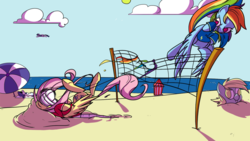 Size: 1280x720 | Tagged: safe, artist:late, edit, derpy hooves, fluttershy, rainbow dash, rarity, twilight sparkle, alicorn, pegasus, pony, unicorn, g4, abuse, beach, beach volleyball, clothes, female, flutterbuse, jersey, mare, ocean, oof, ouch, sports, this will end in death, this will end in tears, this will end in tears and/or death, throwing things at fluttershy, twilight sparkle (alicorn), volleyball