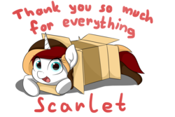 Size: 1015x676 | Tagged: safe, artist:vipy, oc, oc only, oc:scarlet serenade, pony, unicorn, box, cute, female, mare, simple background, smiling, solo, white background
