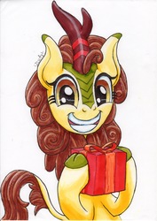 Size: 1536x2172 | Tagged: safe, artist:stewart501st, autumn blaze, kirin, g4, sounds of silence, awwtumn blaze, cloven hooves, cute, female, grin, hearth's warming, holiday, hoof hold, kirinbetes, looking at you, present, simple background, smiling, solo, squee, white background