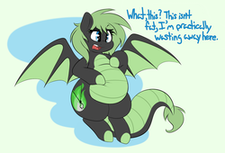 Size: 1280x872 | Tagged: safe, artist:graphenescloset, oc, oc only, oc:emilia 'emmy' emberseed, dracony, hybrid, adorafatty, belly, belly grab, big belly, blatant lies, chubby, cute, denial, dialogue, fat, flying, hoof on belly, lies, open mouth, plump, solo