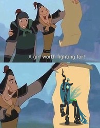 Size: 756x971 | Tagged: safe, queen chrysalis, changeling, changeling queen, g4, a girl worth fighting for, caption, crossover, disney, exploitable meme, female, meme, mulan