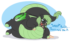 Size: 1280x744 | Tagged: safe, artist:graphenescloset, oc, oc:emilia 'emmy' emberseed, dracony, hybrid, adorafatty, belly, big belly, burp, cake, cute, fat, female, food, heavy, huge belly, huge butt, impossibly fat mare, impossibly large belly, impossibly large butt, large butt, lovely, messy eating, morbidly obese, obese, open mouth, overeating, overweight, pig out, pigging out, smiling, stuffed, stuffed belly, stuffing, that pony sure does love eating, weight gain, weight gain sequence