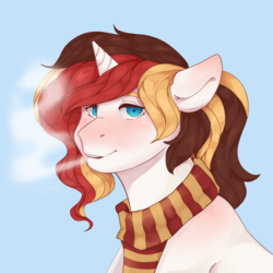 Size: 2048x2048 | Tagged: safe, artist:justilustrator, oc, oc only, oc:scarlet serenade, pony, unicorn, breathing, clothes, cold, female, high res, looking at you, mare, scarf, solo, winter