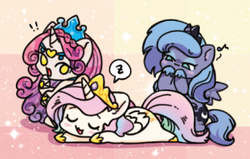 Size: 298x190 | Tagged: safe, artist:yukandasama, princess amore, princess celestia, princess luna, alicorn, crystal pony, pony, g4, female, mare, sleeping