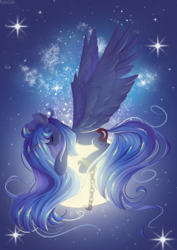 Size: 2059x2912 | Tagged: safe, artist:melloncollie-chan, princess luna, alicorn, pony, g4, chained, female, high res, mare, moon, solo, tangible heavenly object