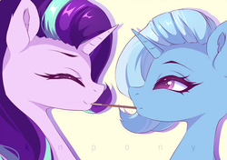 Size: 1000x703 | Tagged: safe, artist:knpony, starlight glimmer, trixie, pony, unicorn, g4, cute, female, food, lesbian, mare, pocky, pocky game, ship:startrix, shipping