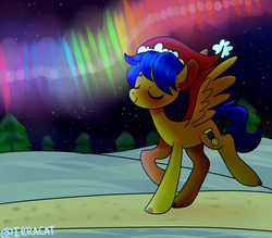 Size: 1600x1400 | Tagged: safe, artist:1racat, oc, oc only, oc:crushingvictory, pegasus, pony, aurora borealis, christmas, eyes closed, hat, holiday, santa hat, smiling, snow, solo, spread wings, starry night, tree, trotting, watermark