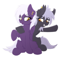 Size: 2000x1826 | Tagged: safe, artist:nighty, derpibooru exclusive, oc, oc only, oc:midnight story, oc:nighty cloud, bat pony, pegasus, pony, 2019 community collab, derpibooru community collaboration, chest fluff, colored pupils, confused, ear fluff, ear piercing, earring, fangs, female, jewelry, nightynight, open mouth, piercing, shipping, simple background, sitting, smiling, transparent background, wings