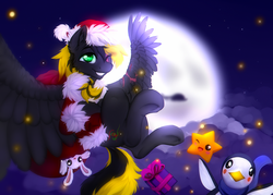 Size: 2412x1727 | Tagged: safe, artist:dolorosacake, oc, oc only, oc:shade demonshy, pegasus, pony, christmas, commission, female, hat, holiday, mare, santa hat, sky, solo, ych result