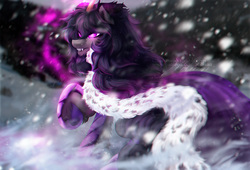 Size: 1556x1056 | Tagged: safe, artist:dolorosacake, oc, oc only, oc:vazuria, pony, unicorn, blizzard, cloak, clothes, commission, glowing eyes, glowing horn, grin, horn, king, male, raised hoof, sharp teeth, smiling, snow, snowfall, solo, stallion, teeth