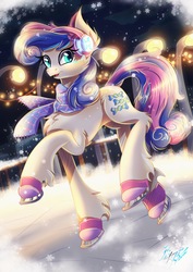 Size: 2893x4093 | Tagged: safe, artist:alexbluebird, bon bon, sweetie drops, earth pony, pony, g4, cheek fluff, chest fluff, clothes, ear fluff, earmuffs, female, fence, fluffy, hoof fluff, ice, ice skates, ice skating, lamp, leg fluff, looking at you, mare, open mouth, scarf, smiling, snow, snowflake, solo, winter