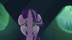 Size: 1280x720 | Tagged: safe, starlight glimmer, g4, to where and back again, changeling kingdom, hiding, lip bite, scared, worried