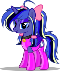 Size: 1280x1506 | Tagged: safe, artist:cyberapple456, oc, oc only, oc:woona sparkle, alicorn, pony, alicorn oc, bow, clothes, collar, eyeshadow, female, hair bow, latex, latex socks, makeup, mare, ponytail, socks, solo, swimsuit