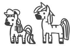 Size: 387x248 | Tagged: safe, artist:jargon scott, oc, oc:carjack, oc:zeta, zebra, female, hat, male, monochrome, quadrupedal, simple background, tail wrap, white background