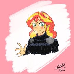 Size: 800x800 | Tagged: safe, artist:sozglitch, sunset shimmer, equestria girls, g4, breasts, busty sunset shimmer, clothes, female, solo, sweater