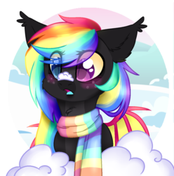 Size: 1188x1197 | Tagged: safe, artist:lazycloud, oc, oc only, oc:happy pills, bat pony, pony, bat pony oc, blushing, clothes, eye clipping through hair, female, heterochromia, mare, rainbow hair, scarf, snow, solo