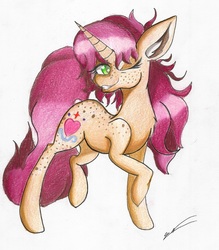 Size: 1567x1787 | Tagged: safe, artist:luxiwind, oc, oc only, oc:symphony gleam, pony, unicorn, female, mare, one eye closed, solo, traditional art, wink