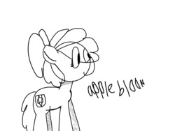 Size: 2048x1536 | Tagged: safe, artist:askderpyandpals, apple bloom, earth pony, pony, g4, female, filly, monochrome, simple background, smiling, solo, text, white background