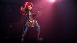 Size: 3840x2160 | Tagged: safe, artist:imafutureguitarhero, sunset shimmer, human, equestria girls, g4, 3d, 4k, amplifier, animated, bass guitar, boots, breasts, cleavage, clothes, dress, female, headbang, heavy metal, high res, jacket, jeans, leather jacket, lens flare, loop, metal, metal as fuck, motion blur, musical instrument, no sound, pants, perfect loop, performance, playing instrument, reflection, rickenbacker, rock (music), rocking out, shoes, solo, source filmmaker, speaker, sunset shredder, volumetric light, webm