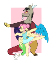 Size: 1257x1487 | Tagged: safe, artist:flamekitties, discord, fluttershy, pegasus, pony, g4, alternate hairstyle, ballerina, ballet, blushing, clothes, en pointe, female, flutterina, male, pas de deux, ship:discoshy, shipping, smiling, standing on one leg, straight, tutu