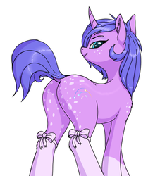 Size: 500x550 | Tagged: safe, artist:shydale, oc, oc only, oc:startrail, pony, unicorn, bow, bowtie, butt, coat markings, female, freckles, looking at you, looking back, mare, plot, ribbon, simple background, sly, smiling, smirk, socks (coat markings), solo, tumblr 2018 nsfw purge, white background