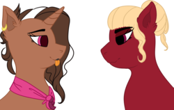 Size: 1433x908 | Tagged: safe, artist:icicle-niceicle-1517, artist:vampielle, color edit, edit, oc, oc only, oc:braveheart spurs, oc:burning lust, earth pony, pony, unicorn, bandana, bedroom eyes, collaboration, colored, cute, ear fluff, eyeshadow, female, hair bun, lesbian, lipstick, makeup, mare, oc x oc, shipping, simple background, tongue out, transparent background