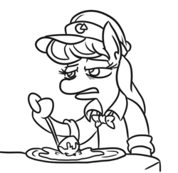 Size: 571x557 | Tagged: safe, artist:jargon scott, octavia melody, earth pony, pony, g4, bowtie, clothes, female, food, job, ladle, lidded eyes, mare, monochrome, pizza, simple background, solo, white background, working