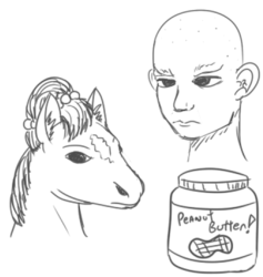 Size: 500x527 | Tagged: safe, artist:jargon scott, oc, oc:brownie bun, oc:richard, earth pony, human, pony, bald, bust, female, food, hoers, male, mare, monochrome, peanut butter, serious, serious face, simple background, white background